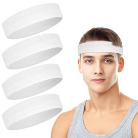 4 Pack Headbands for Men, Sweat Bands Headbands Men & Women, Cotton Terry Sweat Bands for Tennis, Basketball, Running, Gym, Working Out(White)