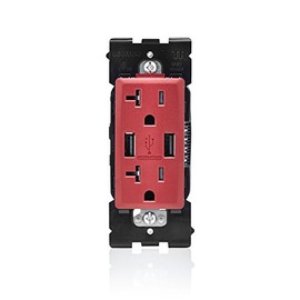 Leviton RUAA2-RE Renu USB Charger/Tamper-Resistant Duplex Outlet, 20A-125VAC, Red Delicious