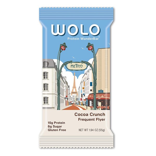WOLO WanderBar Cocoa Crunch Natural Protein Bar – Gluten Free Protein Snack with Whey Protein Pea Protein Milk Protein and Antioxidants 12 Bars