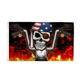 Pirate Biker USA 3x5 Ft Skull Motorcycle Flag - Bold Vibrant Colors, UV Resistant, Golden Brass Grommets, Durable 100 Denier Polyester, Mighty-Locked Stitching - Perfect for Indoor or Outdoor Flying!