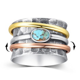 BONLAVIE Women's Turquoise Spinner Ring, Three-Colour Textured Silver Ring, 925 Anxiety Ring, Anxiety Ring, Gift Sterling Silver Rings for Women, Gemstone