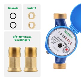 Watflow DN20 Water Meter 3/4" NPT, Gallon Water Flow Meter with Pulse Output, Cold Water Meter with Brass for Garden or Factory, Single-Jet Horizontal Install.(No Lead-Free)