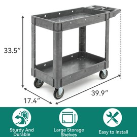 YITAHOME Heavy Duty Utiliy Cart on Wheels 550 LBS, Plastic Rolling Tool Cart with Wheels, 2 Shelves Service Cart, Gray Maintenance Cart, Push Cart for Garage, Home, Restaurant, Jobsite, Office