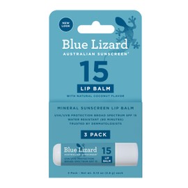 BLUE LIZARD Mineral SPF 15 Lip Balm, 3-Pack: Broad Spectrum Sun Protection, Natural Coconut Flavor, 8 Natural Oils, Infused with Australian Kakadu Plum, Rich in Vitamin C, Vegan, Each Tube 0.13 oz.