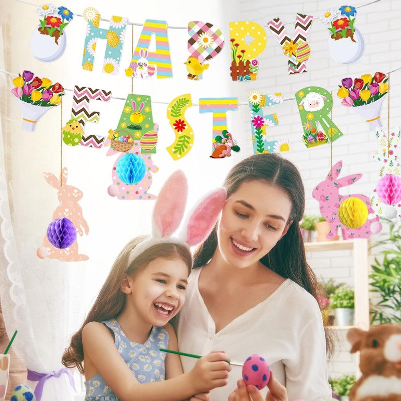 19 Pcs Easter Decorations,Easter Bunting,Easters Bunny Table Decorations For Home