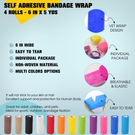 4 Pack Self Adhesive Bandage Wrap, 6 in x 5 Yards Non-Woven Self Adherent Cohesive Bandage, Vet Wrap Wound Tape for Thumb Finger Wrist Knee Ankle, Mix Colors