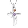VCCWYQK Cremation Cross Urn Necklace for Ashes for Women Birthstone Rose Flower Cremation Jewelry for Women Girls Keepsake Memorial Ashes Pendant (A-Light+Purple)