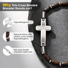 Christian Cross Bracelet for Men : Unique Wood Cross Beaded Bracelets,Adjustable Stainless Steel Faith Link Chain,Men Religious Jewelry Gift for Birthday Anniversary Christmas Boyfriend Husband Him