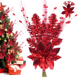 Artificial Glitter Berry Stem Ornaments, 18 Pack 17.5 Inch Red Fake Christmas Picks Decorations with Poinsettia Christmas Flowers,Twigs Bead Sticks for Christmas Tree Wedding Small Vase Wreath Decor