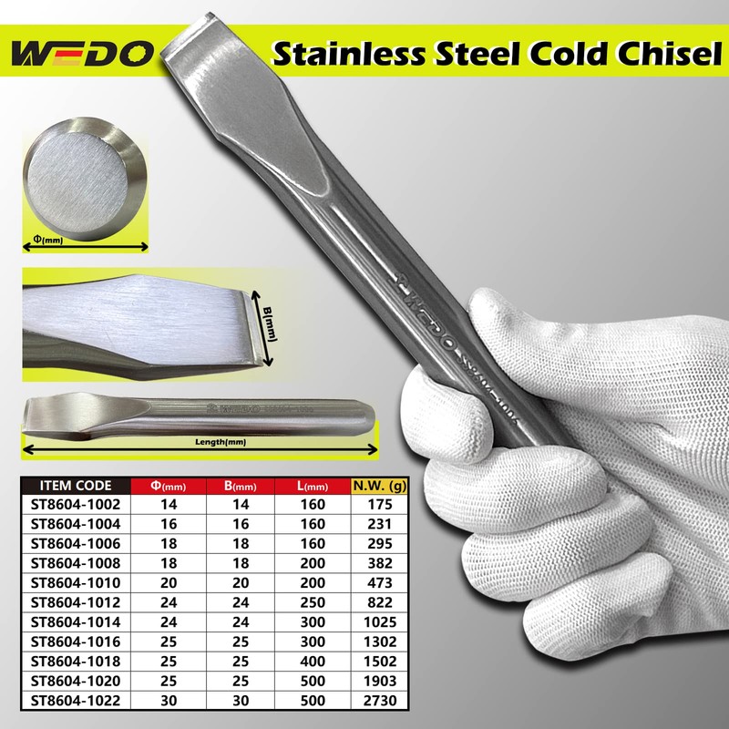 WEDO Cold Chisel,Stainless Steel Flat Wood Chisel,Blade 25mm,Length 300mm,Anti-Corrosion,High Strength,Polished