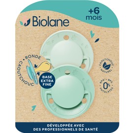 BIOLANE - Round Teat - Extra Thin Dummy - 6+ Months - Green Two-Tone - Natural Rubber Teat - For Mouth Development - Soft and Comfortable