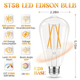 GvvooHome LED Edison Bulbs, E26 Bulb 60 watt Equivalent, Non-Dimmable, Soft White 2700K, ST58 Vintage Light Bulbs, 90+ CRI, 6W 600LM, E26 Medium Base, Clear Glass, 6 Pack