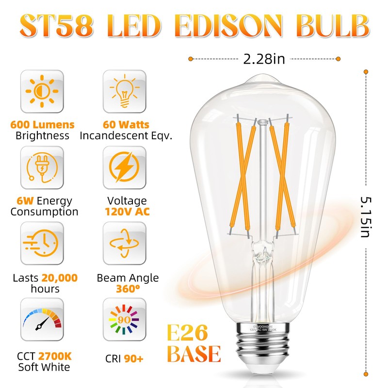 GvvooHome LED Edison Bulbs, E26 Bulb 60 watt Equivalent, Non-Dimmable,