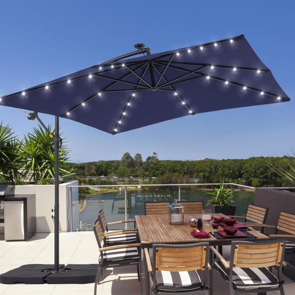 SANLUCE 8.2×8.2FT Solar Offset Patio Umbrella- w/Light and Crossed Base,