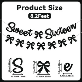 Black Bow Sweet Sixteen Banner - Coquette Black Bow 16th Birthday Party Decorations, Happy Sweet 16 Banner for Girls/Women Birthday Party Black Glitter