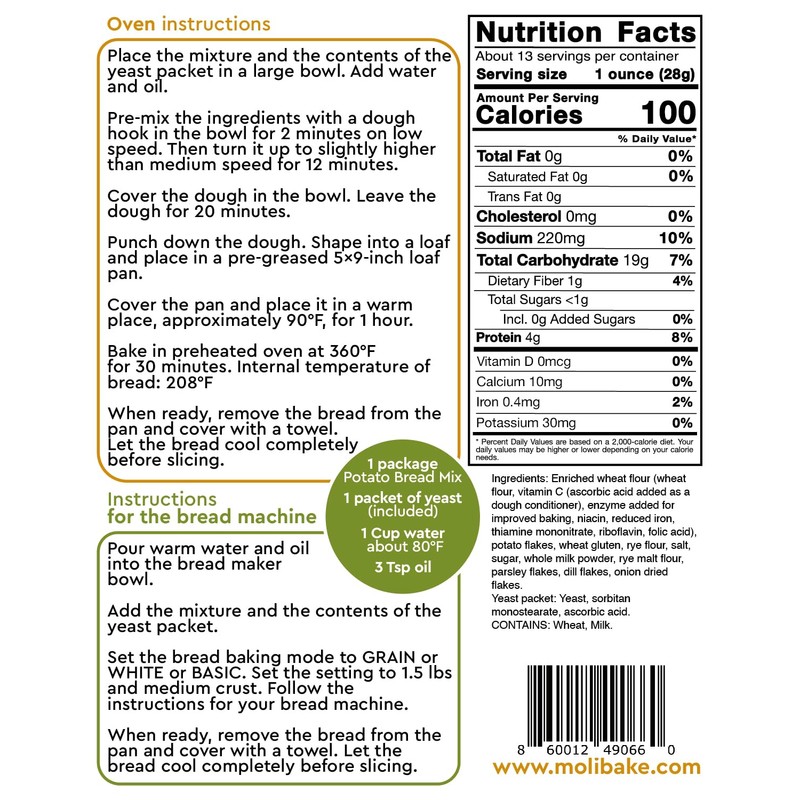 Molibake Potato Bread Mix Pack of 4 - All-Natural Baking