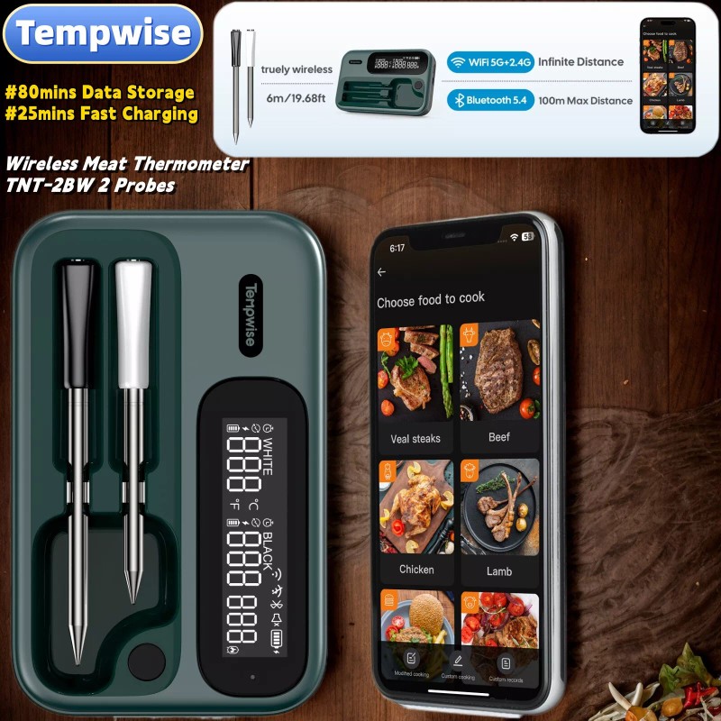 Tempwise Truly Wireless Cooking Meat Thermometer 5G WiFi Long/Short Probe