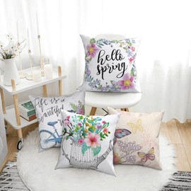 AMZQJD Set of 4 Cushion Covers with Geometric Pattern, Decorative Cotton Linen Cushion Covers (40 x 40 cm, Pink Butterfly)