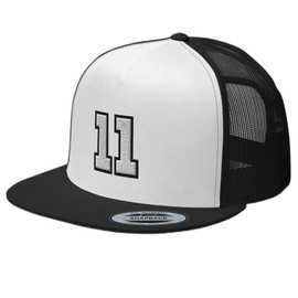 RIVEMUG Team Number 11 Embroidered Trucker Hat Flat Bill High Crown Adjustable Baseball Cap Black/White/Black