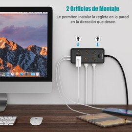 invens Regleta Enchufe USB Multicontacto, Regleta de 1,2 m, 12 Salidas, 3 Puertos de Carga USB (5 V / 2,1 A), 1 Puerto Type-C, Conector múltiple, Enchufe para el hogar, Oficina, Dormitorio, Negro
