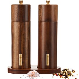 LOYIM Wooden Salt and Pepper Grinder Set 8 Inch Manual Salt and Pepper Mill with Tray Adjustable Coarseness Refillable Wood Grinders with Gold Bottle Label for Kitchen Christmas Home Gift(Wood Color)