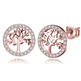 Bo&Pao Tree of Life Stud Earrings Women's 925 Sterling Silver Earrings with Tree of Life, Sterling Silver Cubic Zirconia, Cubic Zirconia