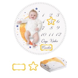 Trongle Newborn Milestone Monthly Blanket, Baby Growth Tracking and Memory Mat, Super Soft Baby Blanket, Star and Moon Design, For Photoshoots and Full Month Gifts, 2 Photo Frame, 110 * 110cm