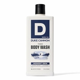 Duke Cannon Supply Co. Thick High Viscosity Body Wash - 3X Thicker, Cleansing Shower and Bath Gel, Mineral-Enriched Body Wash for Men - Sandalwood + Lavender - Mens Body Scrub - Midnight Swim (18 oz)