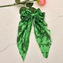 Sparkly Hair Bows for Girls Big Green Bow Hair Clip Metal Clips French Ribbon Bowknot Hair Barrettes for Women Party Oversized Long Tail Hair Bow Clips Bling Hair Accessories for Thick Thin Hair