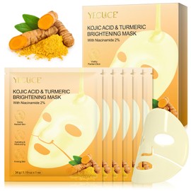 Kojic Säure Kurkuma Aufhellende Maske, 6 Stück, Aufhellung, straffend, Anti-Aging, Blattmaske, gleichmäßig, feuchtigkeitsspendend, beruhigend, Geschenk, reduziert feine Linien und Falten