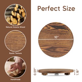 Round Decorative Tray Burnt Wood Pedestal Stand Farmhouse Bathroom Decor Kitchen Dish Soap Holder Wooden Riser for Vanity, Counter, Sink, 10" - Brown