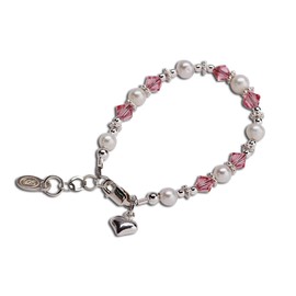 Precious Pieces Sterling Silver Baby Bracelet Gift for Infant Newborn Girls with Cultured and Pink High-End Crystals and Heart Gift (0-9 months)