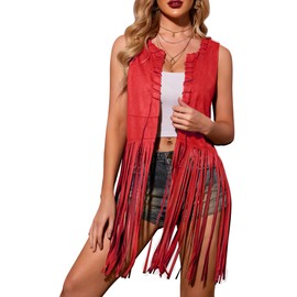 HOTOUCH Women Fringe Vest 70s Hippie Costume Faux Suede Sleeveless Tassels Cardigan Cowgirl Western Tops