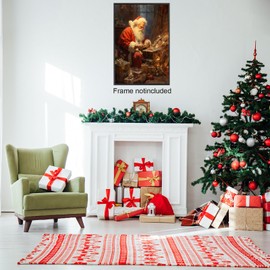 Vintage Merry Christmas Picture Prints, Santa Claus Packing Presents Canvas Poster, Aesthetic Xmas Painting for Home Office Party Decor Winter Holiday Presents 12x16 Inch Unframed