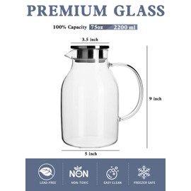 Kanwone 75oz Glass Pitcher with Stainless Steel Lid and Spout, Heat Resistant Borosilicate Glass Water Carafe for Sun Tea, Lemonade, Homemade Juice, Milk or Hot Beverages