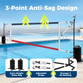 Pool Volleyball Net Set with Solar LED Lights, Adjustable 15-32ft Water Volleyball Net for Inground Pools with Glow Ball, Pump & Weighted Bases, Outdoor Pool Games for Kids Adults Family
