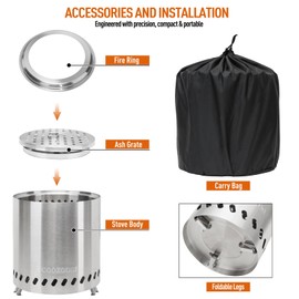 COOZOOM Portable Table Top Fire Pit: 8.6" Stainless Steel Mini Outdoor Stove with Stand, Low Smoke Burning Tabletop Firepit Fueled by Pellets or Wood, for Urban & Suburbs Outside Camping