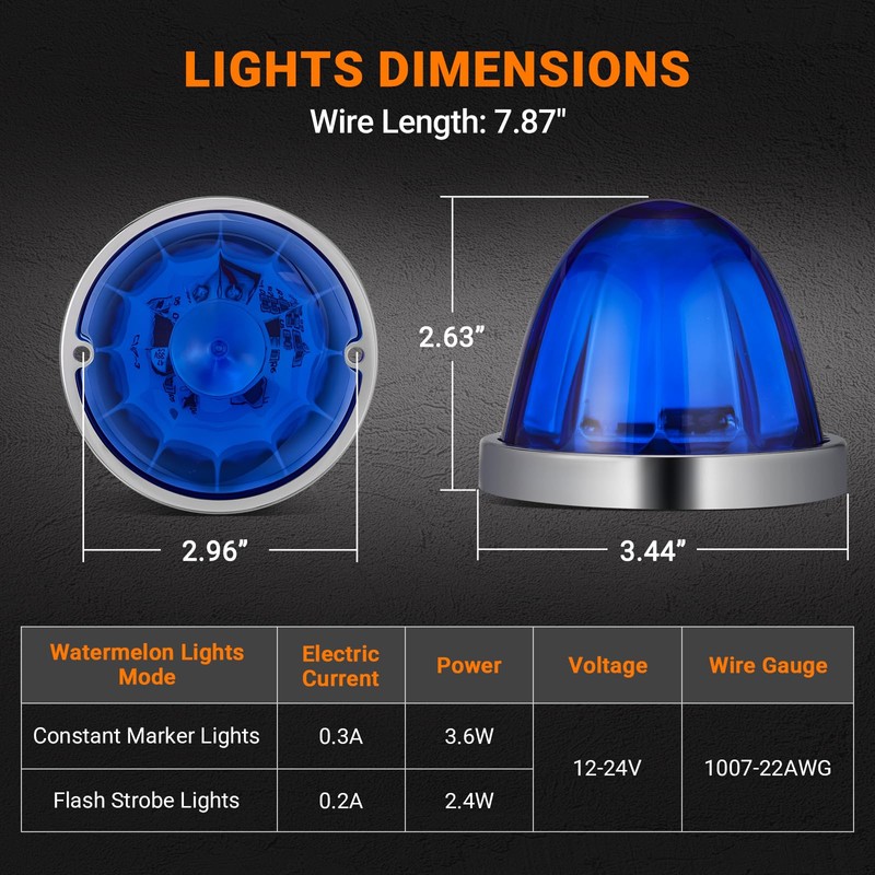 2PCS Watermelon Lights Strobe & Constant Dual Function Blue Auxiliary