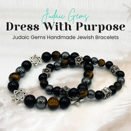 Jewish Bracelet for Women & Men - Abraham 8mm Onyx, Hematite, Tiger Eye, & Star of David Bracelet for Men -7.5cm Black Onyx Bracelet Men & Women for Judaica Gifts & More - Judaic Gems Jewish Jewelry