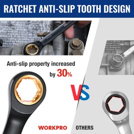 WORKPRO 9-Piece Anti-Slip Ratcheting Combination Wrench Set, Metric 8-19 mm, 72-Teeth, Cr-V Constructed, Black Ratchet Wrenches Set with Roll Up Pouch