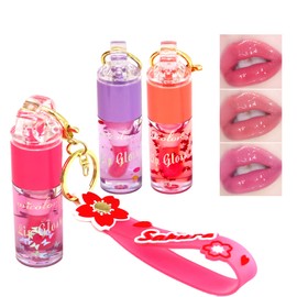 3 Colors Hydrating Lip Gloss Set, Glossy Shimmer High Shine Glass Finish Lipgloss Natural Moisturizing, Lip Make-Up for Kids and Teens Party Gift Sakura Keychain Design
