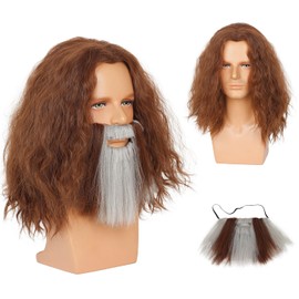 WeKen Men's Shoulder Length Brown Curly Wig with Beard Set for Halloween Costume Party-Brown Beard Wig Set
