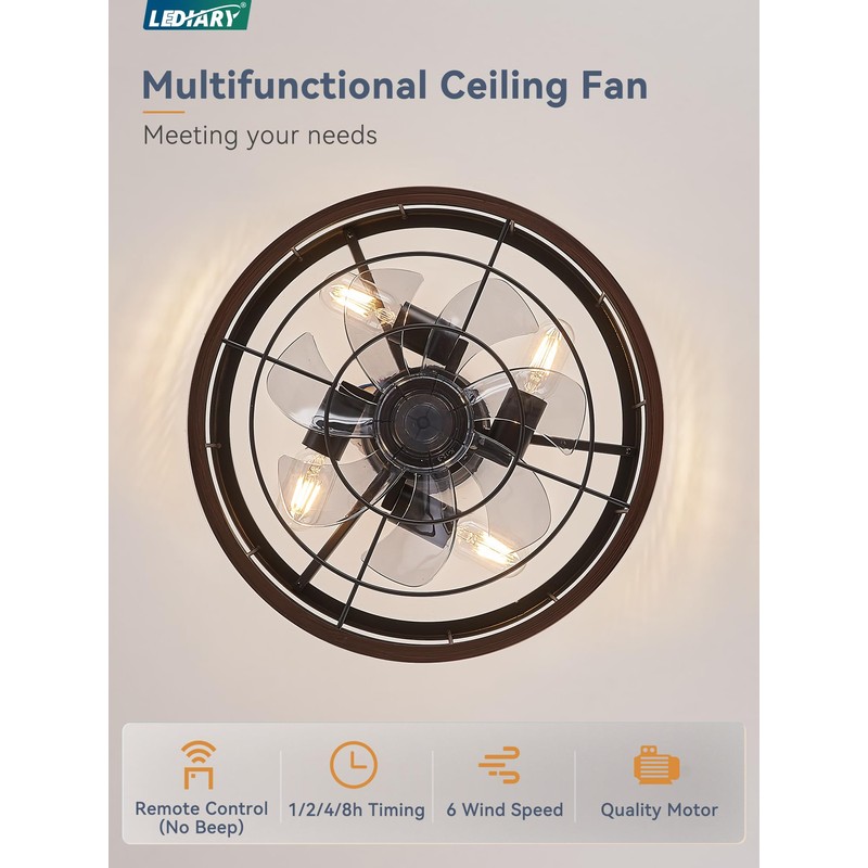 LEDIARY 16.5in Caged Ceiling Fan with Light, Bladeless Industrial Ceiling