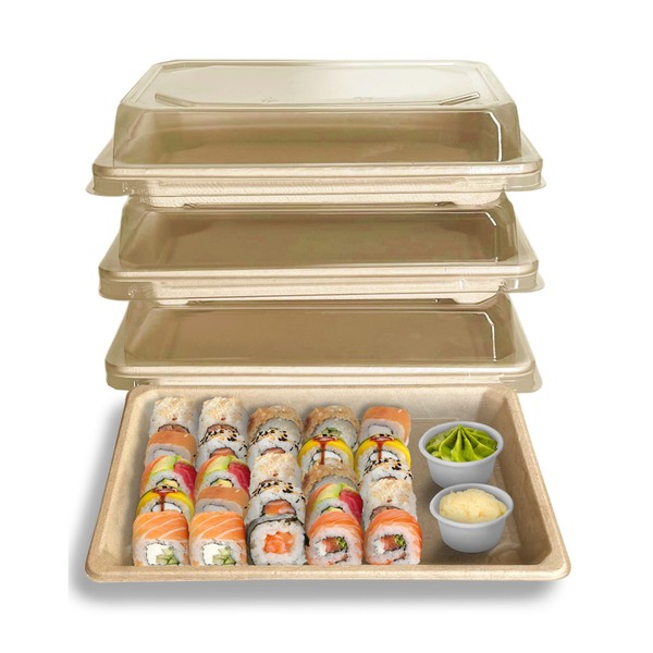 EcoQuality Large Compostable Sushi Trays with Lids - Natural Sugarcane