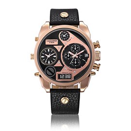 FENKOO oulm® Men's Three Time Zone Military Watch Japanese Quartz Analogue & Digital Leather Strap, black, Strap.