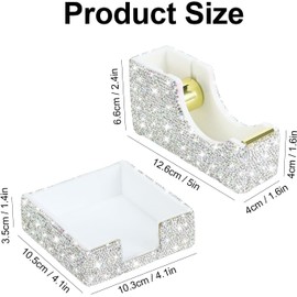 Buqoo 2 PCS Bling Crystal Handmade Diamond Sticky Note Holder and Tape Dispenser Office Supplies Dazzling Rhinestone Bling Desk Accessories for Women Office (Silver)