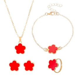 Caiyao Multicolor Five-leaf Clover Blossom Flower Earrings Necklace Bracelet and Ring Set Lucky Five-leaf Blossom Flower Jewelry Set for Women-Red