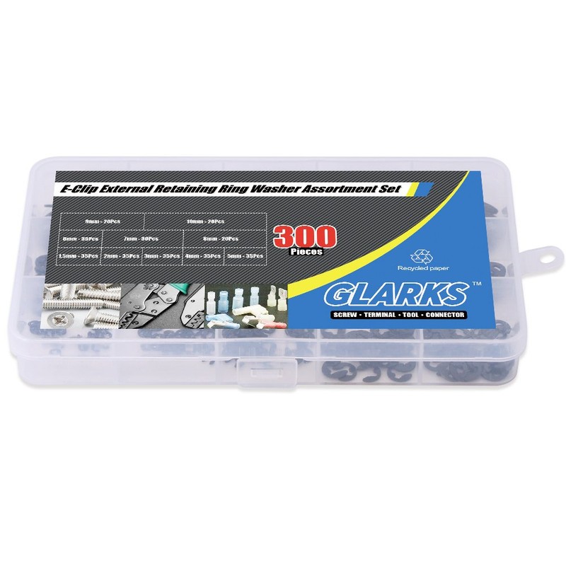 Glarks 300-Pieces 10 Size Black Alloy Steel E-Clip External Retaining