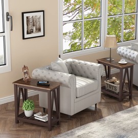 ChooChoo Farmhouse End Table, Rustic Vintage Narrow End Side Table with Storage Shelf for Small Spaces, Nightstand Sofa Table for Living Room, Bedroom Espresso 2 Pack