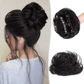 Claw Clip Messy Bun Hair Piece Real Human Hair Buns Wavy Curly Chignon Hair Bun Extensions Tousled Updo Hair Buns Claw Clip Ponytail Hairpieces Hair Scrunchie with Clip for Women（Natural Black）